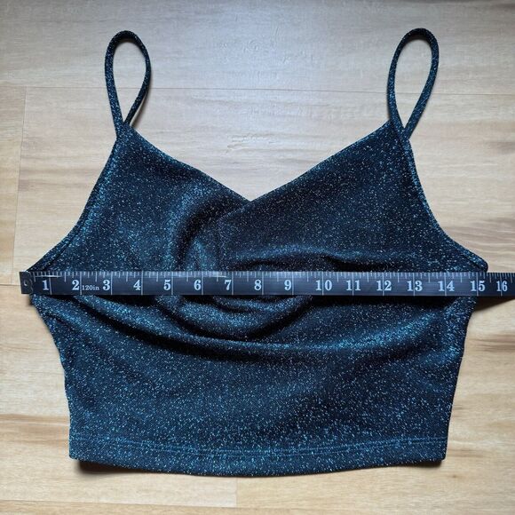 Women's Draped Cowl Neck Cropped Tank Top Blue Glitter Metallic Micro Cami M - Picture 8 of 9